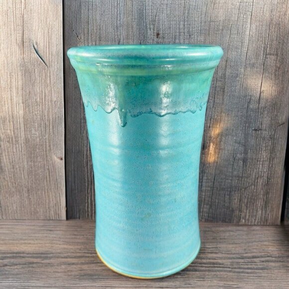 1995 Galena Pottery Company Large Heavy Vase Vessel Turquoise Drip Glaze Signed - Picture 2 of 16